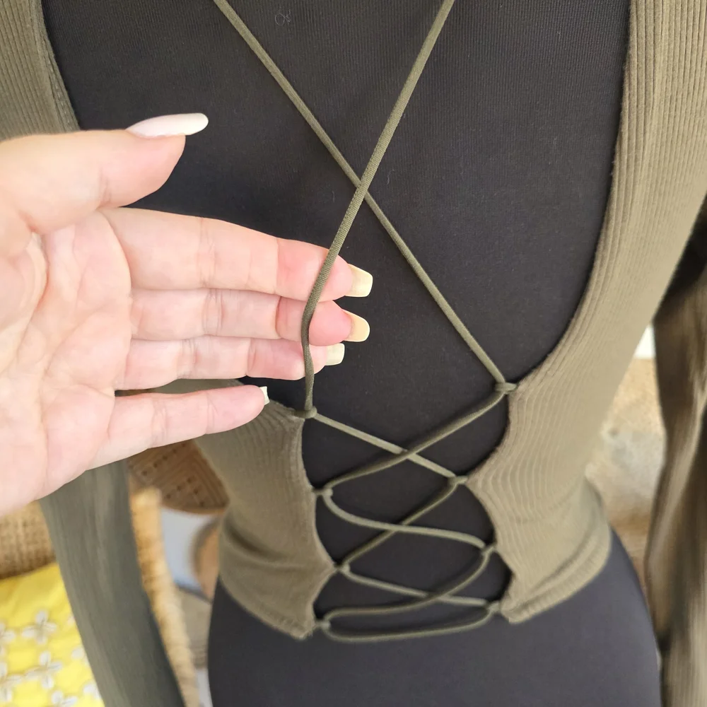 Garage Medium Balletcore Tee Olive Long Sleeve Top Lace-Up Open Back